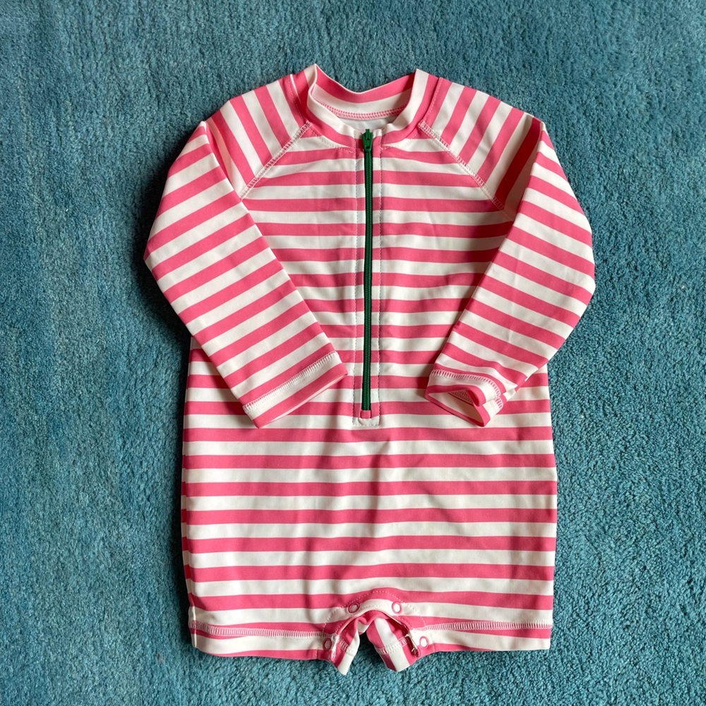 Primary baby one-piece rash guard in pink/white stripe / 6-12 mo